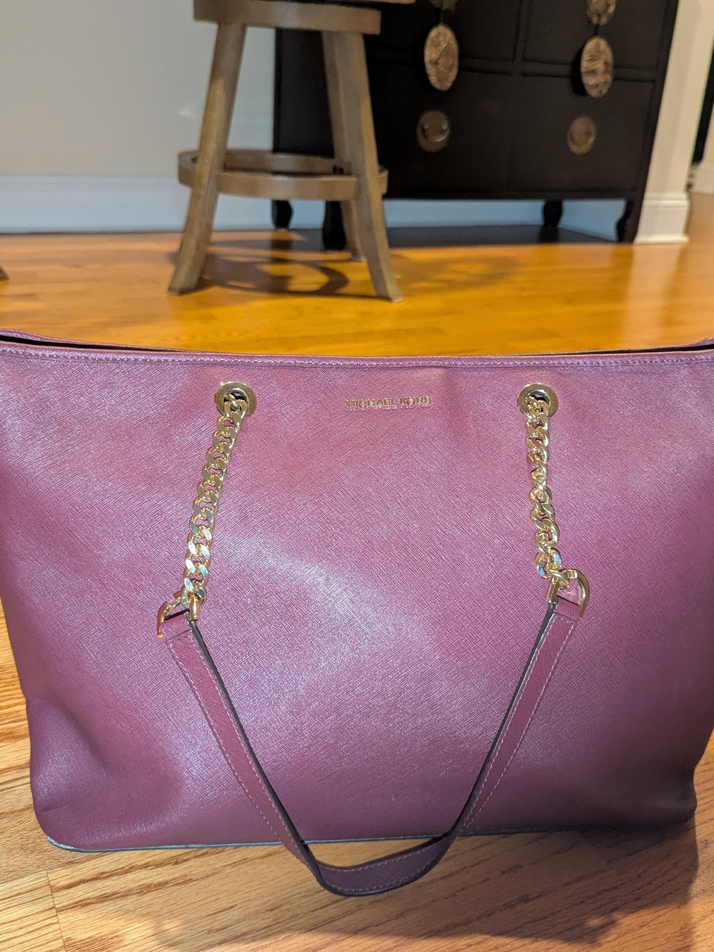 Michael Kors Plum Leather Tote with Gold Chain Straps